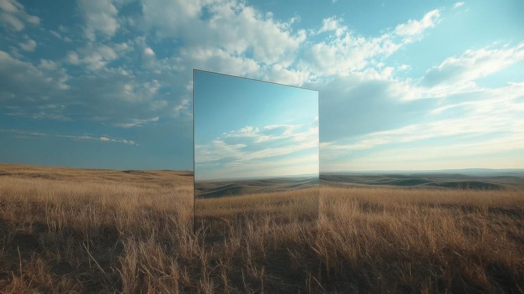 Miroir géant dans un champ de blé sous un ciel bleu avec nuages.